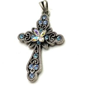 Lia Sophia trinity Silver Cross Pendant with Blue and Iridescent Accents